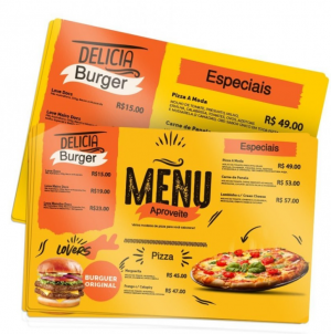 Cardápio Papel Couché Fosco 250g 14x29,7 4x4 Colorido Frente e Verso Laminação Fosca Frente e Verso - Vinco  